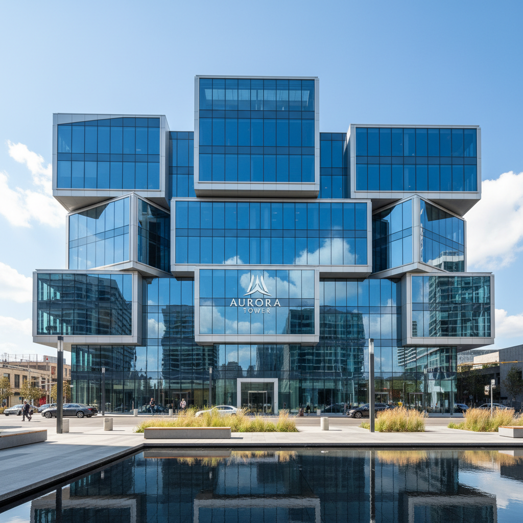 Construction site with workers in safety gear, concrete structure rising against clear sky