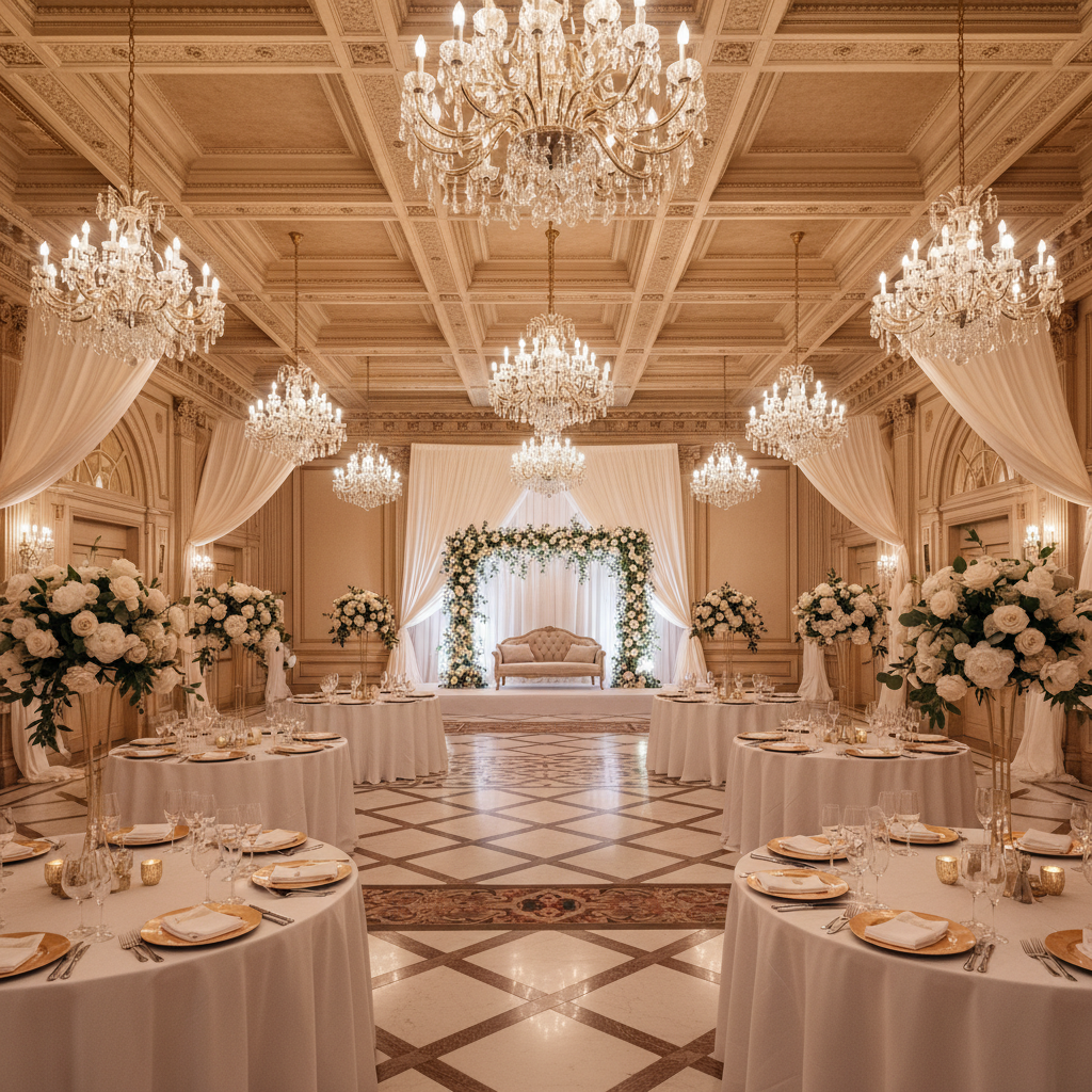 Empty grand ballroom being prepared for a wedding reception