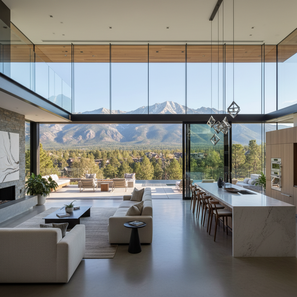 Contemporary mountain view home with large windows in Denver Colorado