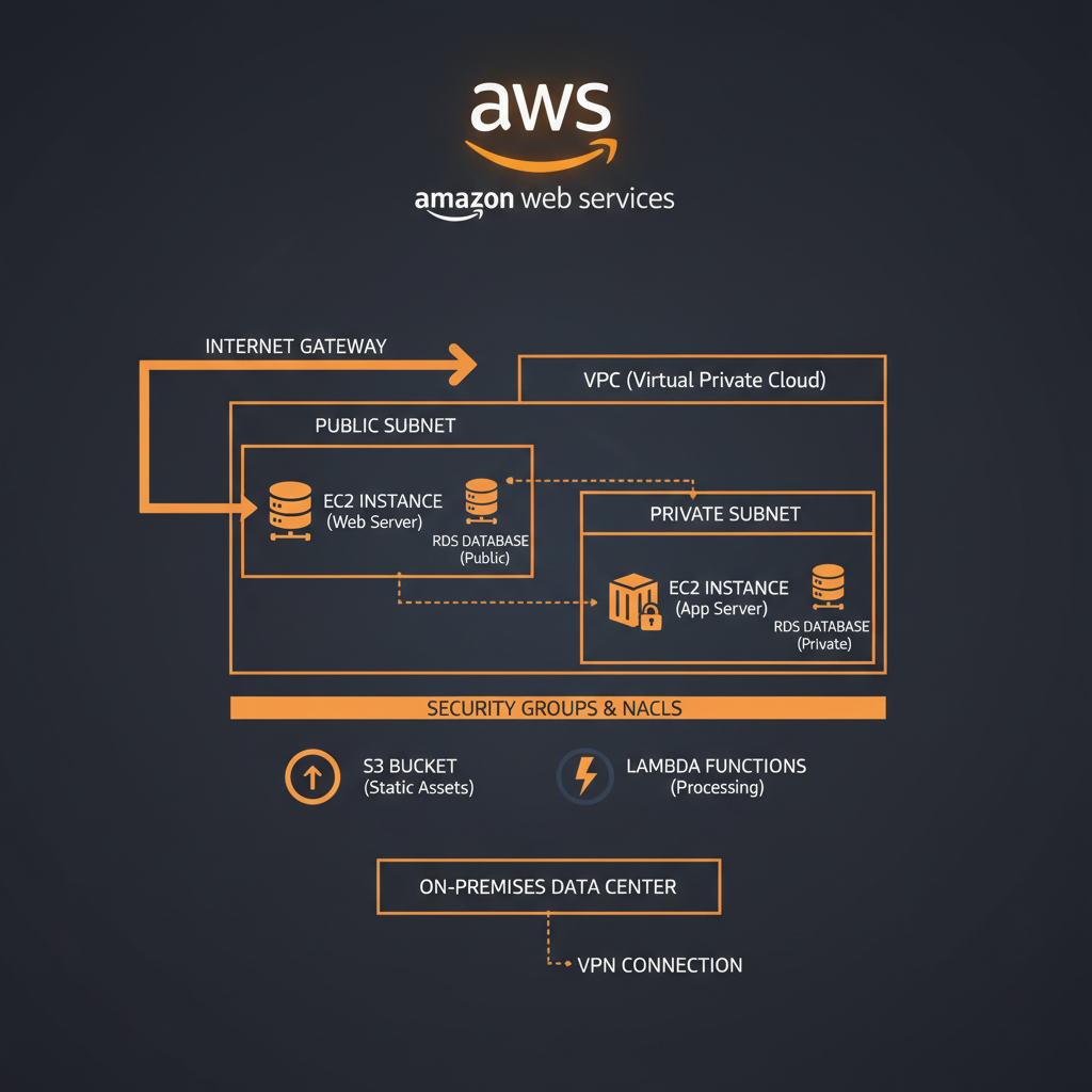 Diagrama de arquitectura AWS con servicios cloud interconectados sobre fondo azul