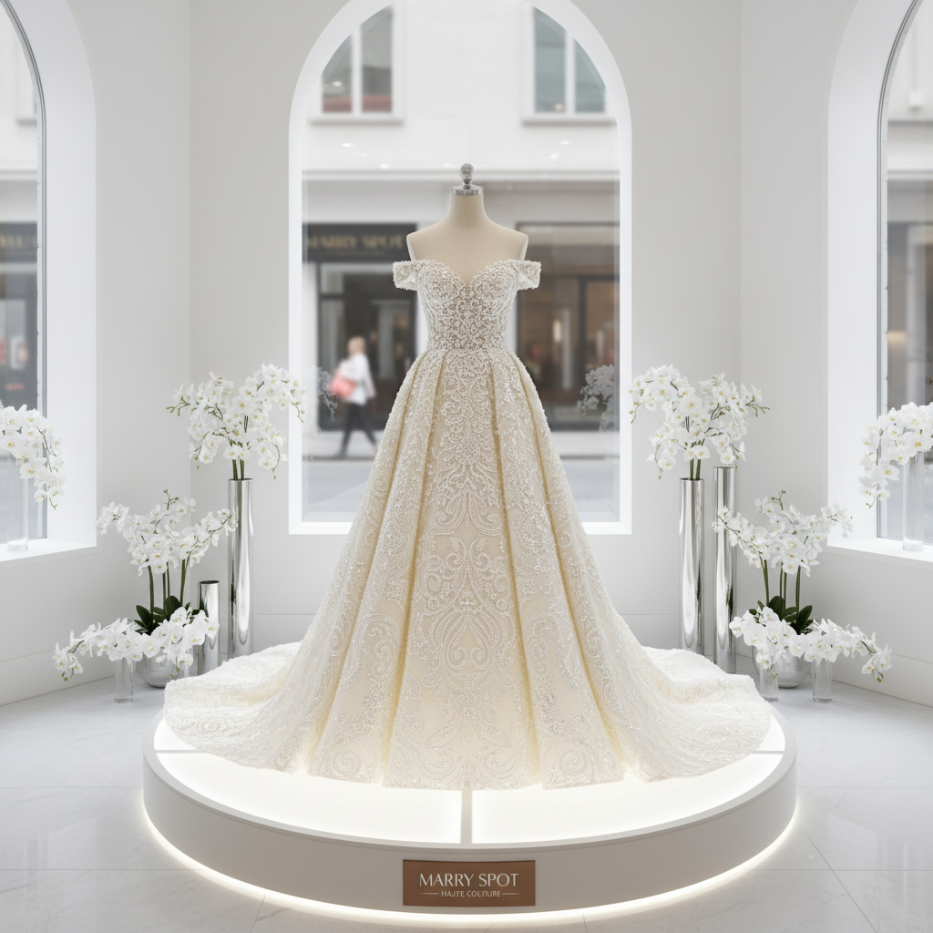 Elegant white wedding gown with intricate lace detail, soft studio lighting, ivory backdrop