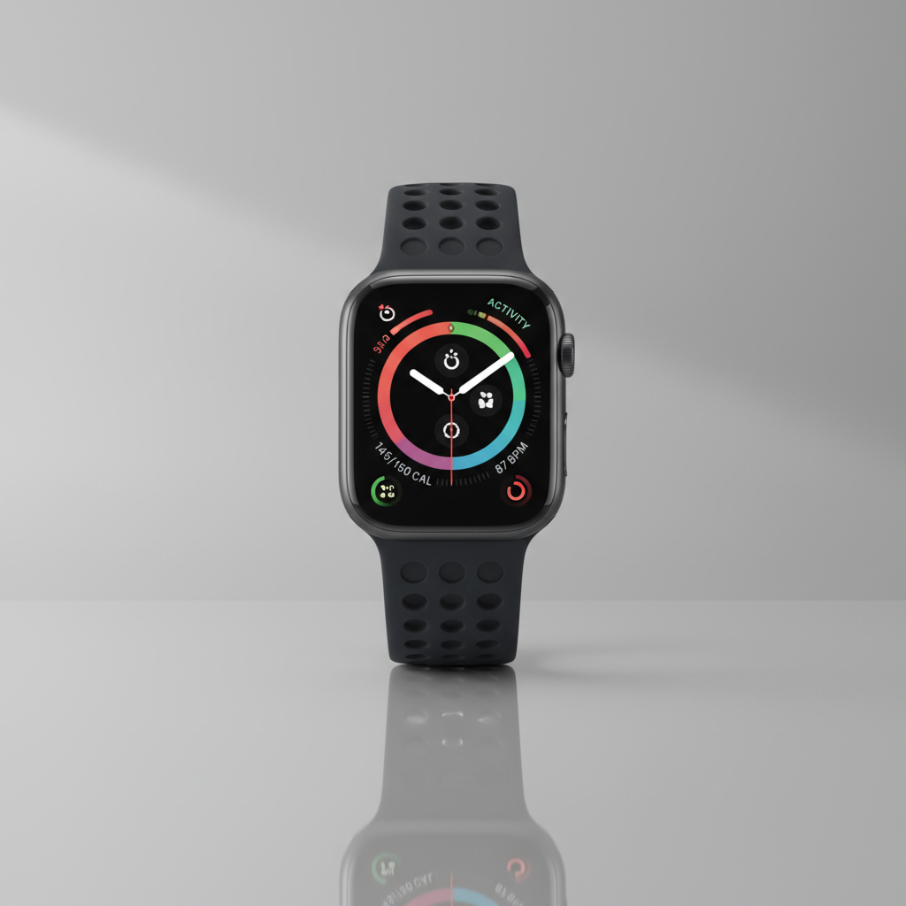 Apple Watch with titanium case and glowing fitness display on dark background