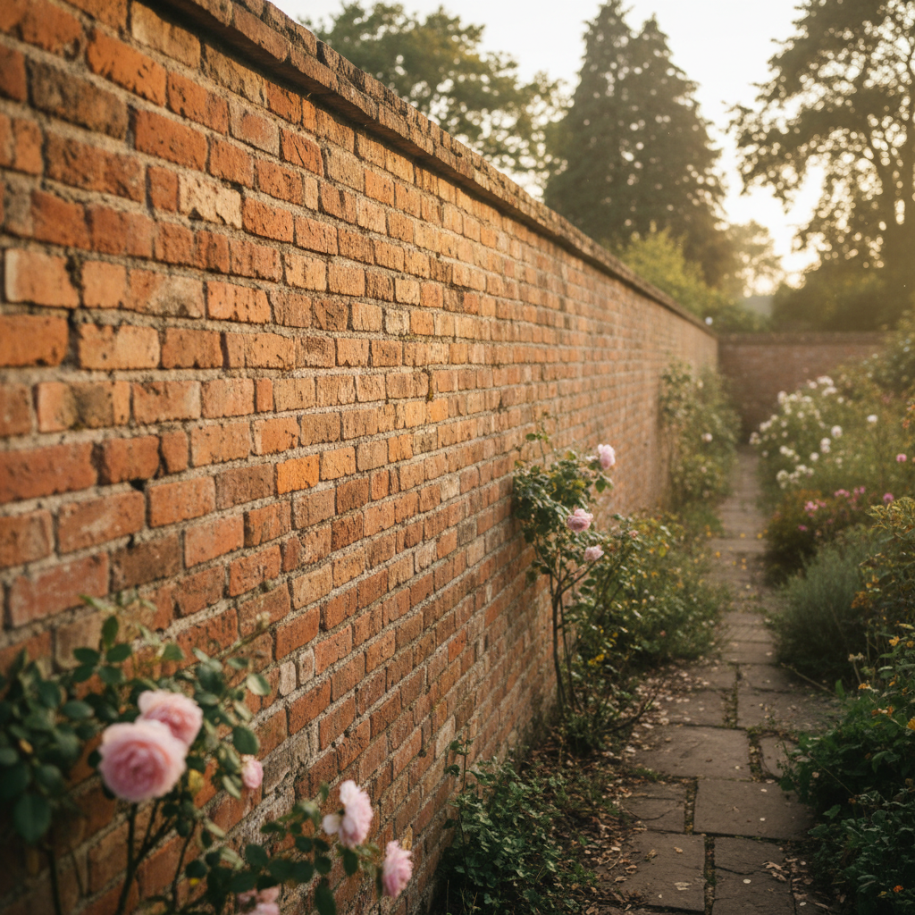 Handmade terracotta bricks laid in traditional English bond forming a garden wall, warm afternoon light casting shadows across the textured surface