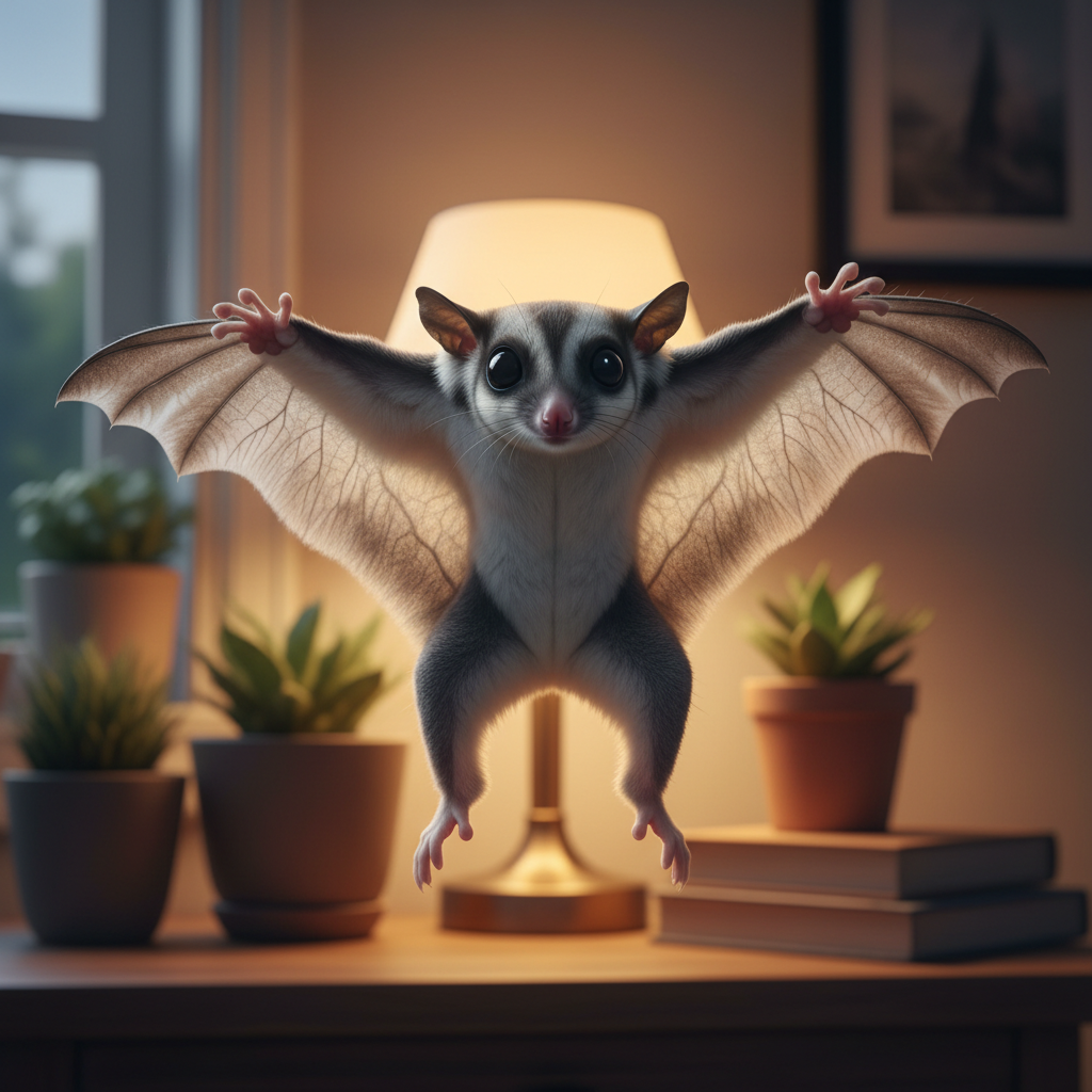Sugar glider mid-glide with patagium fully spread in dim warm lamplight