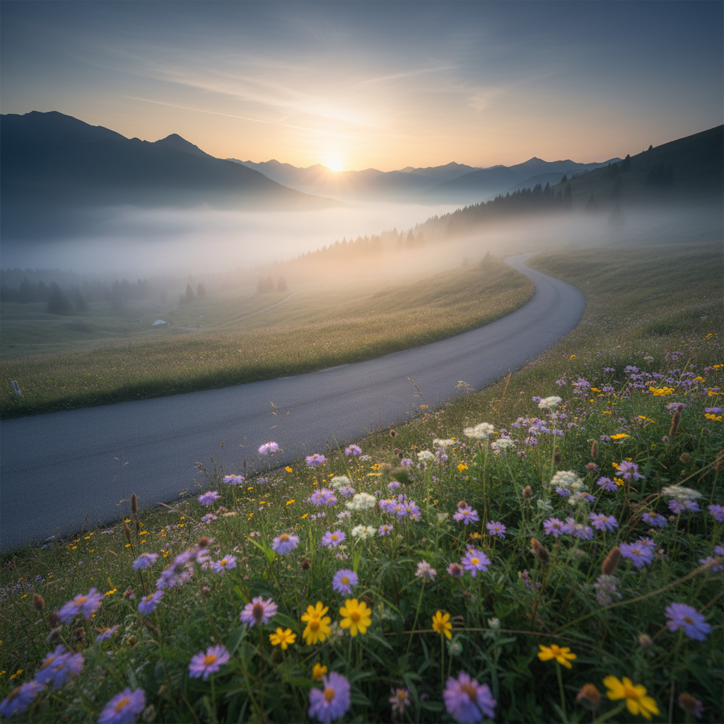 Misty mountain road at dawn with wildflowers growing along the verge, soft morning light filtering through fog