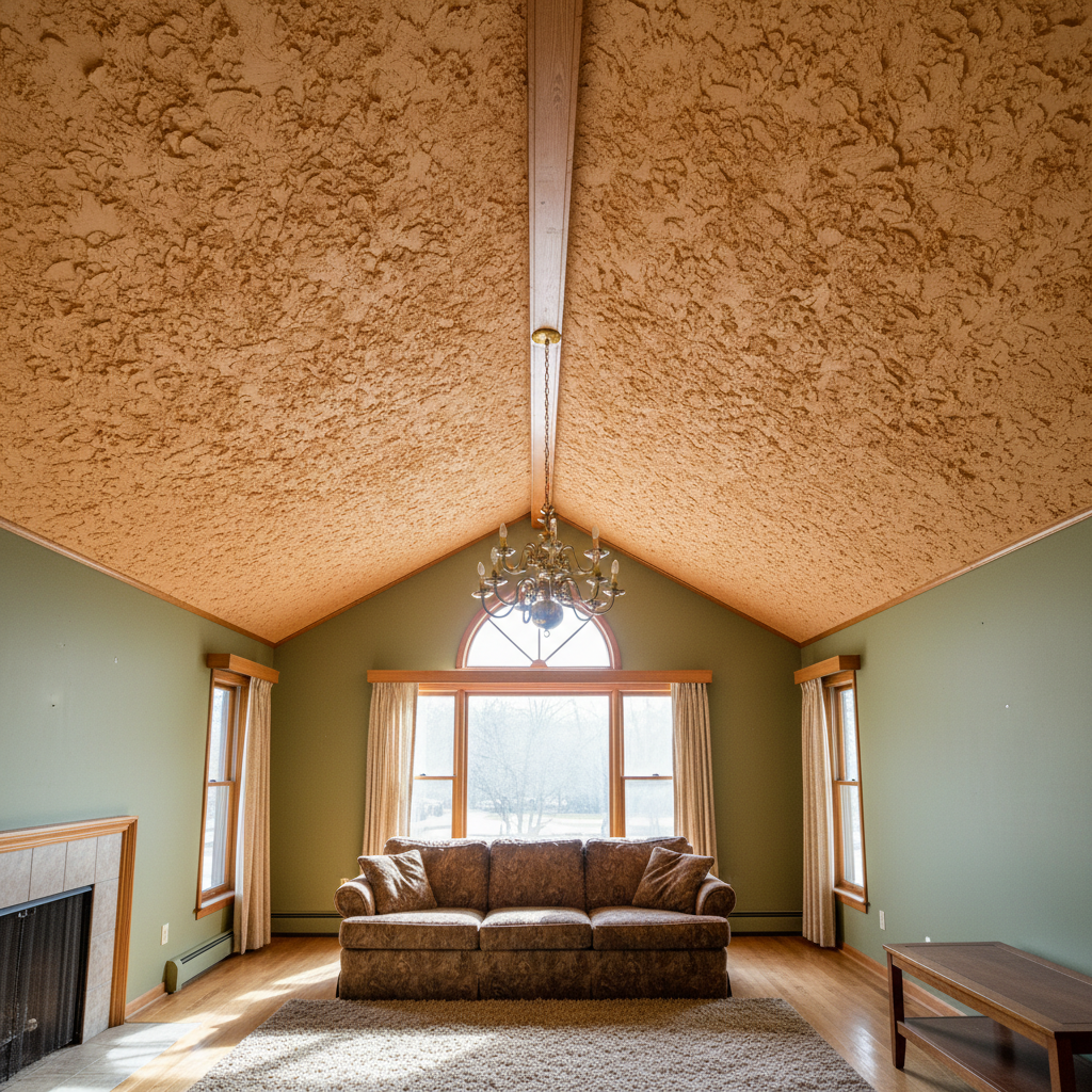 Vaulted living room ceiling with heavy orange-peel popcorn texture, dated 1980s look