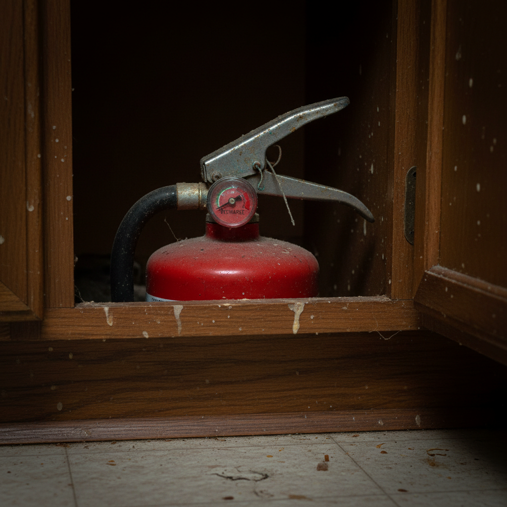 Red fire extinguisher with corroded pin and pressure gauge showing red zone, stored under kitchen cabinet