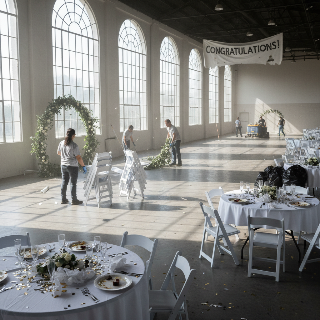 Event space being cleared and restored after a celebration ends