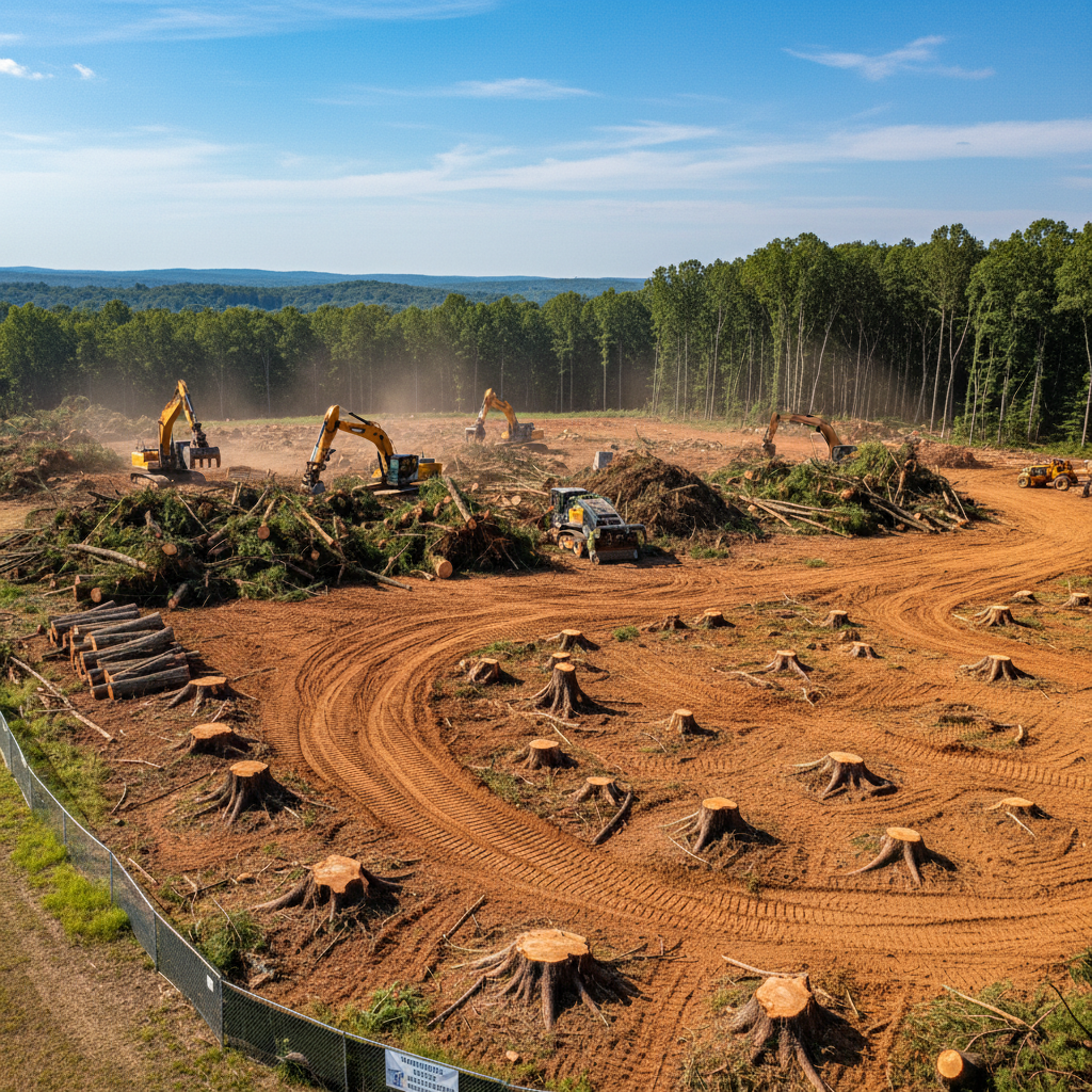Dense forest clearing with heavy machinery, bright natural daylight