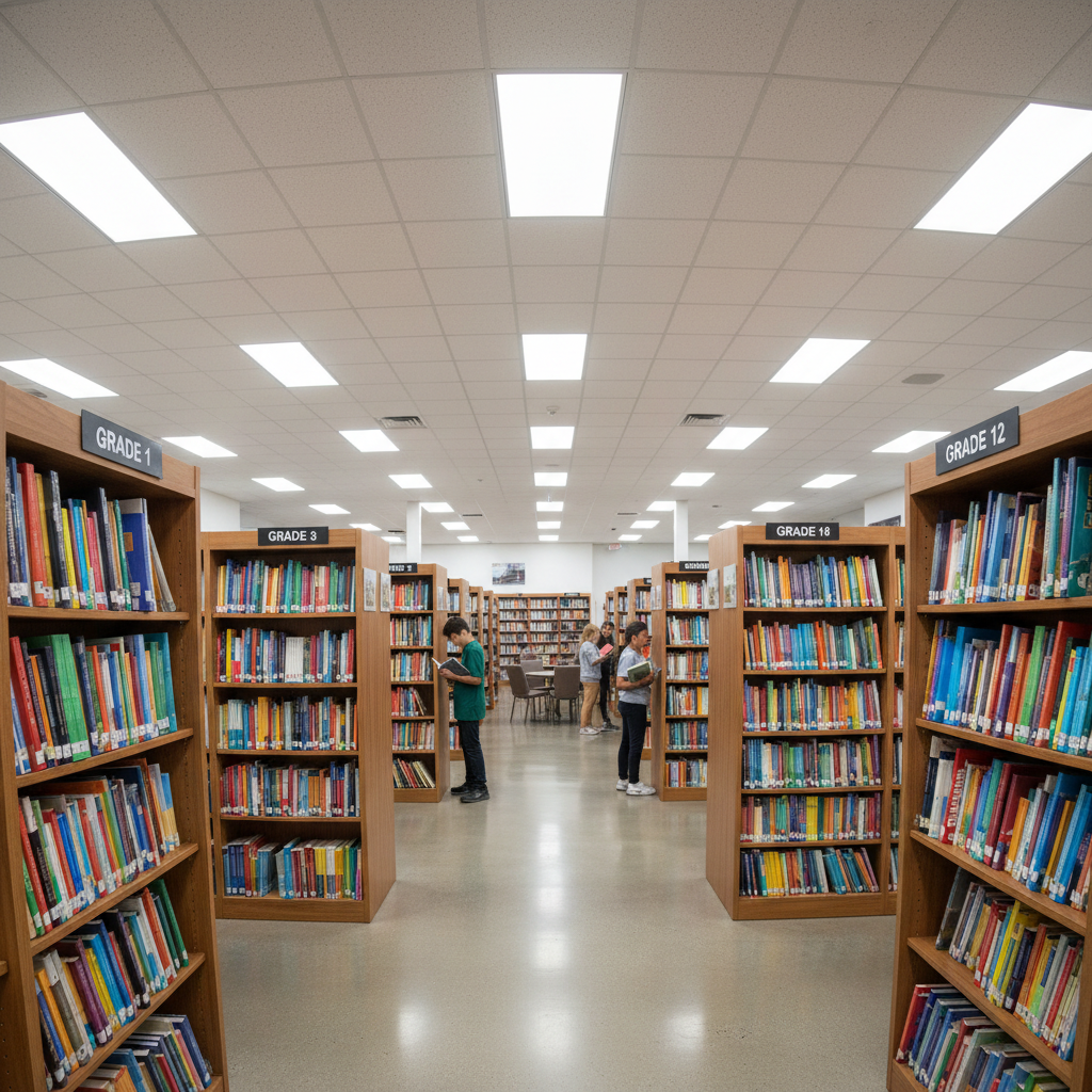Children reading books in a well-stocked school library
