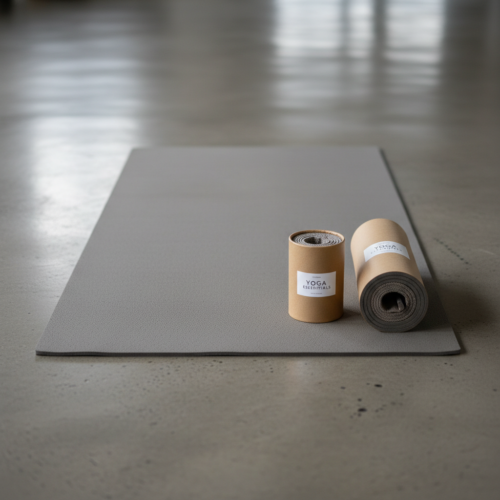Simple single yoga mat and one accessory in plain packaging on floor