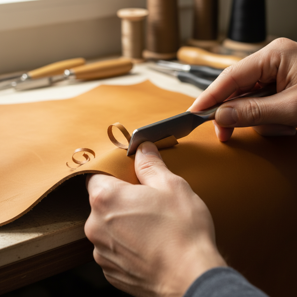 Craftsperson using an edge beveler on a thick piece of vegetable-tanned leather