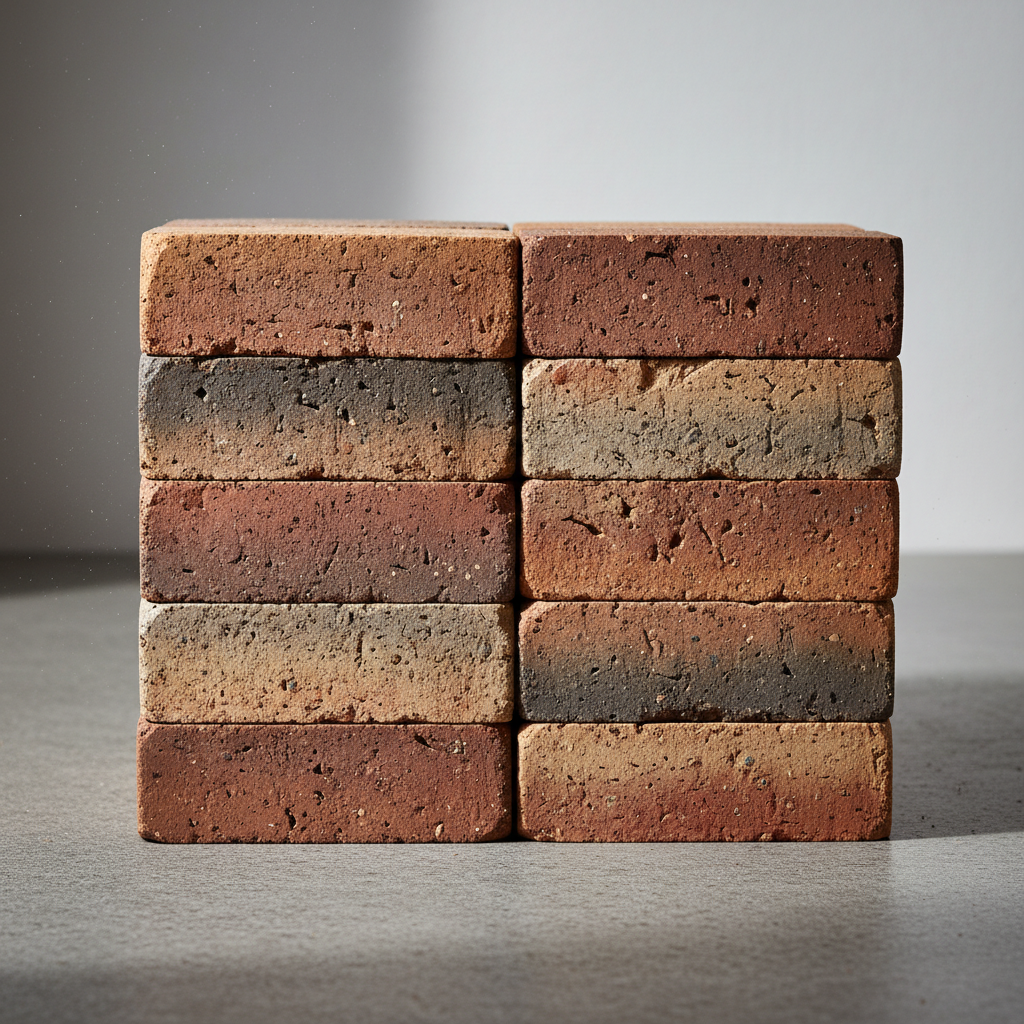Stack of freshly fired handmade bricks showing natural colour variation from terracotta to deep char, pallet in open yard