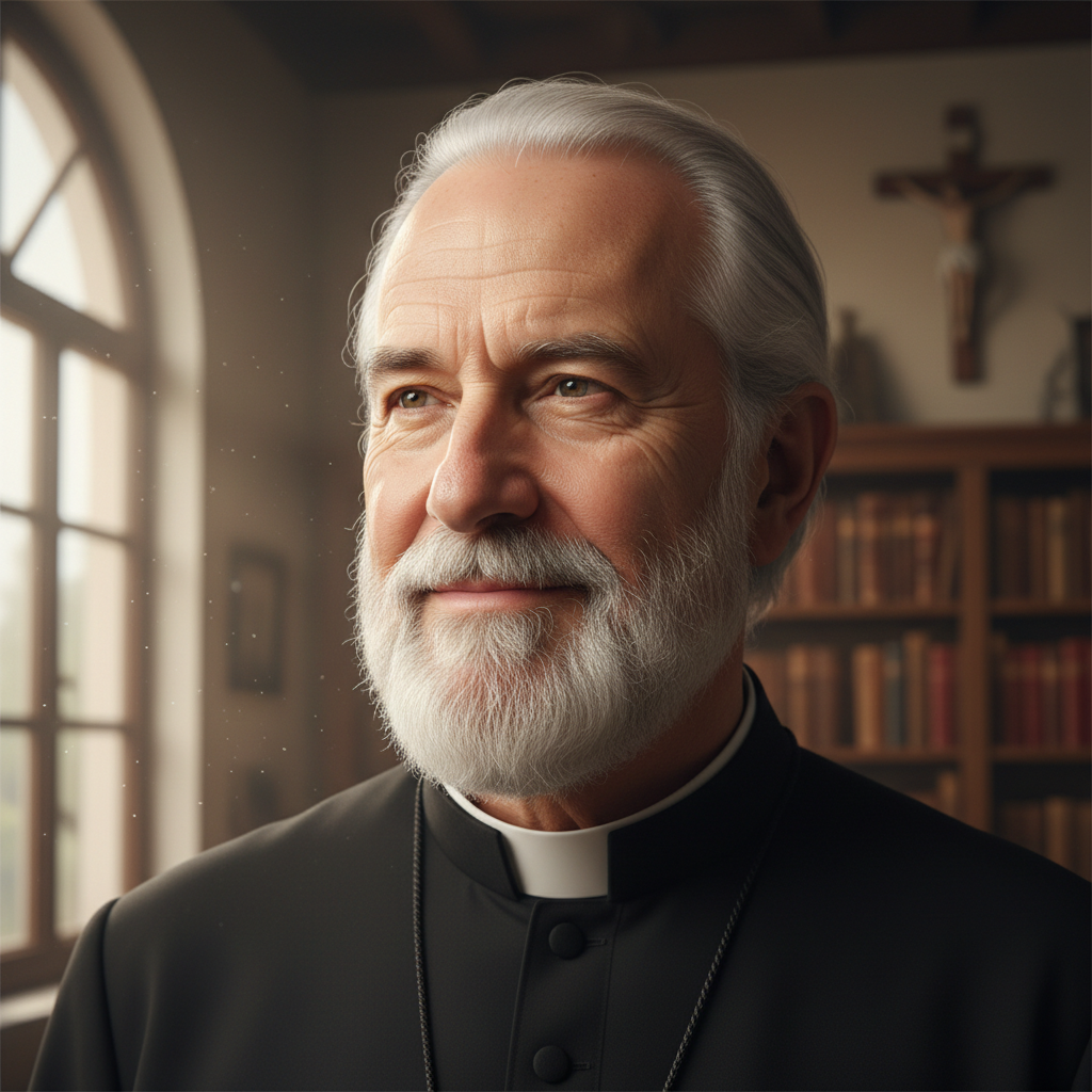 Portrait of an older Catholic priest in vestments, wise and kind expression, warm candlelight