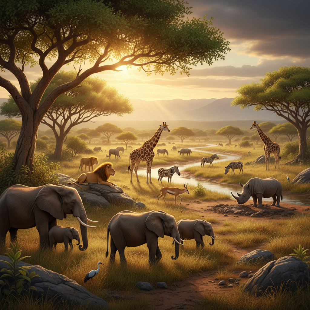 Wild animals in golden savanna landscape at sunset, warm amber light, dramatic natural wildlife scene, open grassland