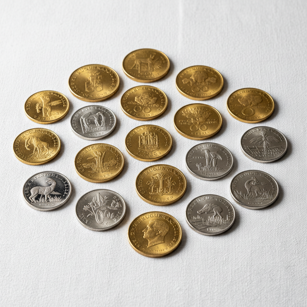 Bright well-lit numismatic display of South African gold and silver coins arranged on white linen, airy museum lighting