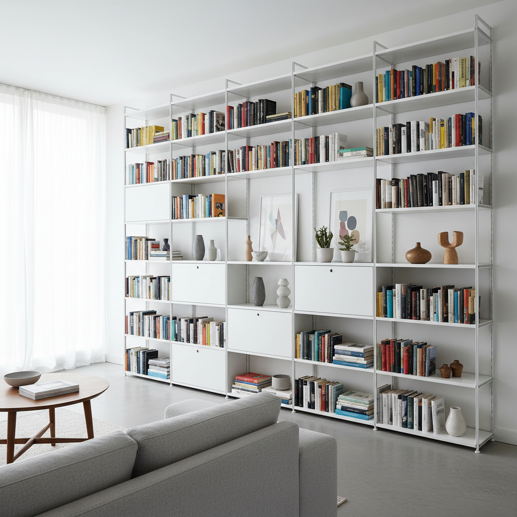 Organised living room with modular storage shelves, neatly arranged items, bright airy interior, Scandinavian design