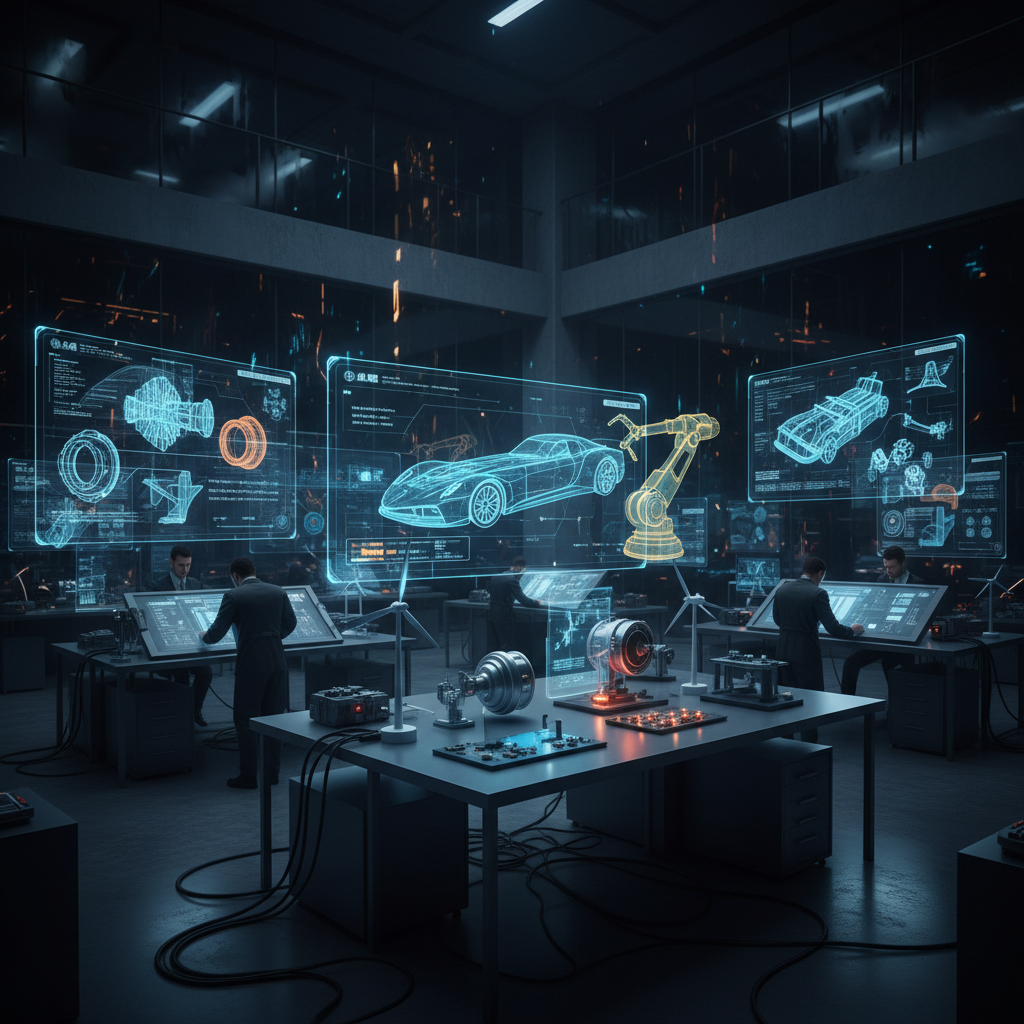 Industrial engineering workstation with technical blueprints and CAD monitors in a dark workshop environment
