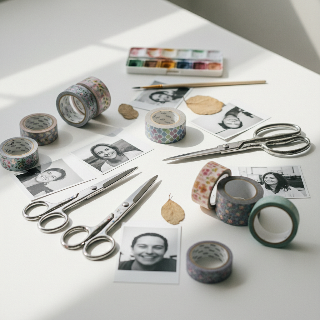 Craft workspace with scissors, washi tape and photographs arranged on white surface