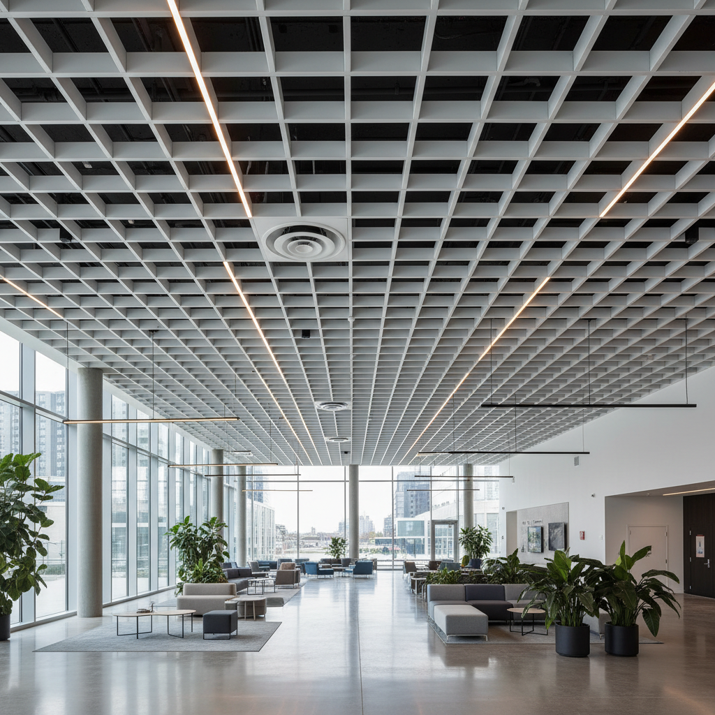 Contemporary open office with green plants hanging from ceiling and natural wood surfaces
