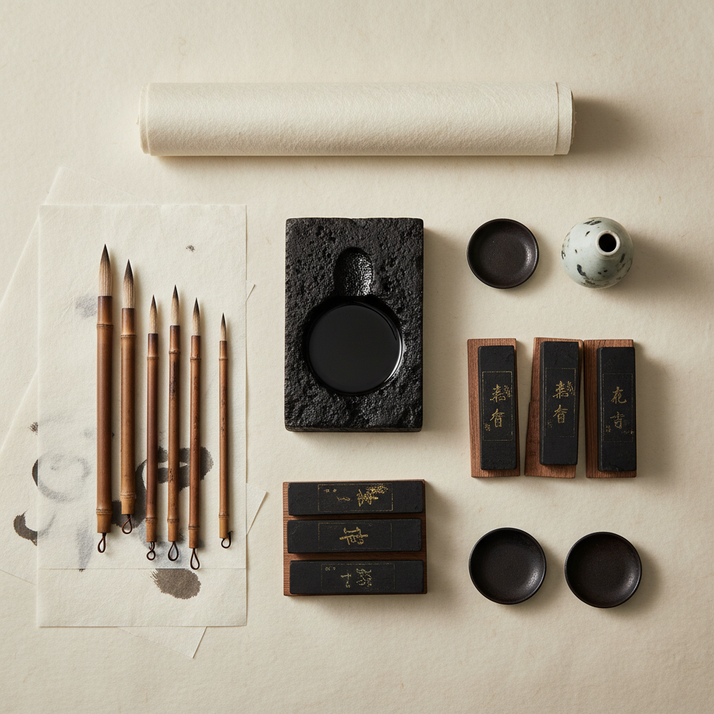 Japanese sumi ink supplies arranged on a cream surface including ink stone, bamboo brushes, washi paper, and a calligraphy guide