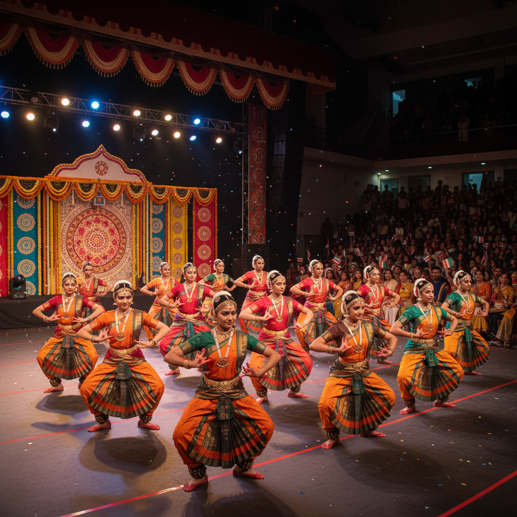 Students celebrating cultural fest with traditional dance performance on stage