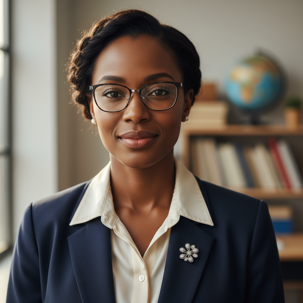 Professional African woman educator headshot, warm smile, professional attire, bright background