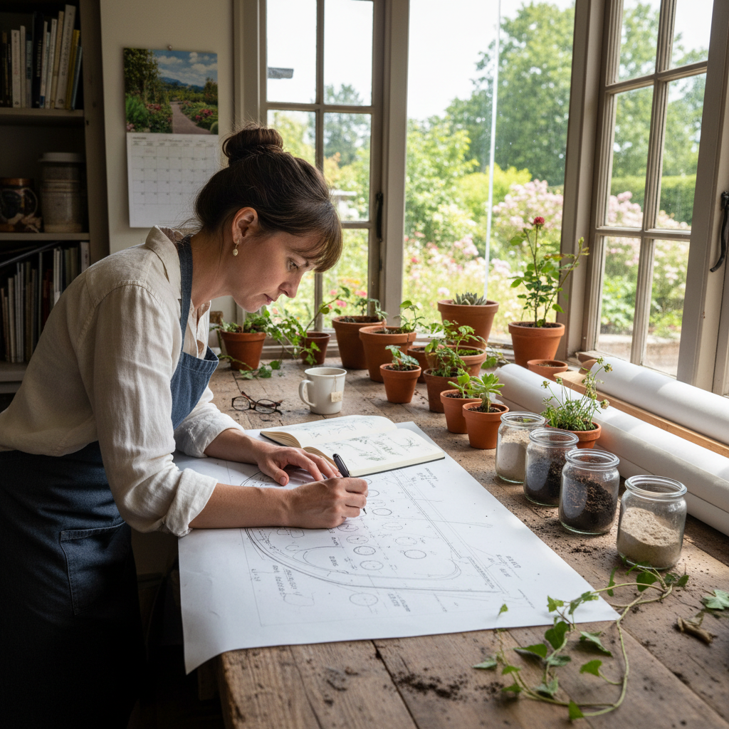 Landscape designer reviewing hand-drawn site plan on a drafting table surrounded by soil samples and pressed botanical specimens