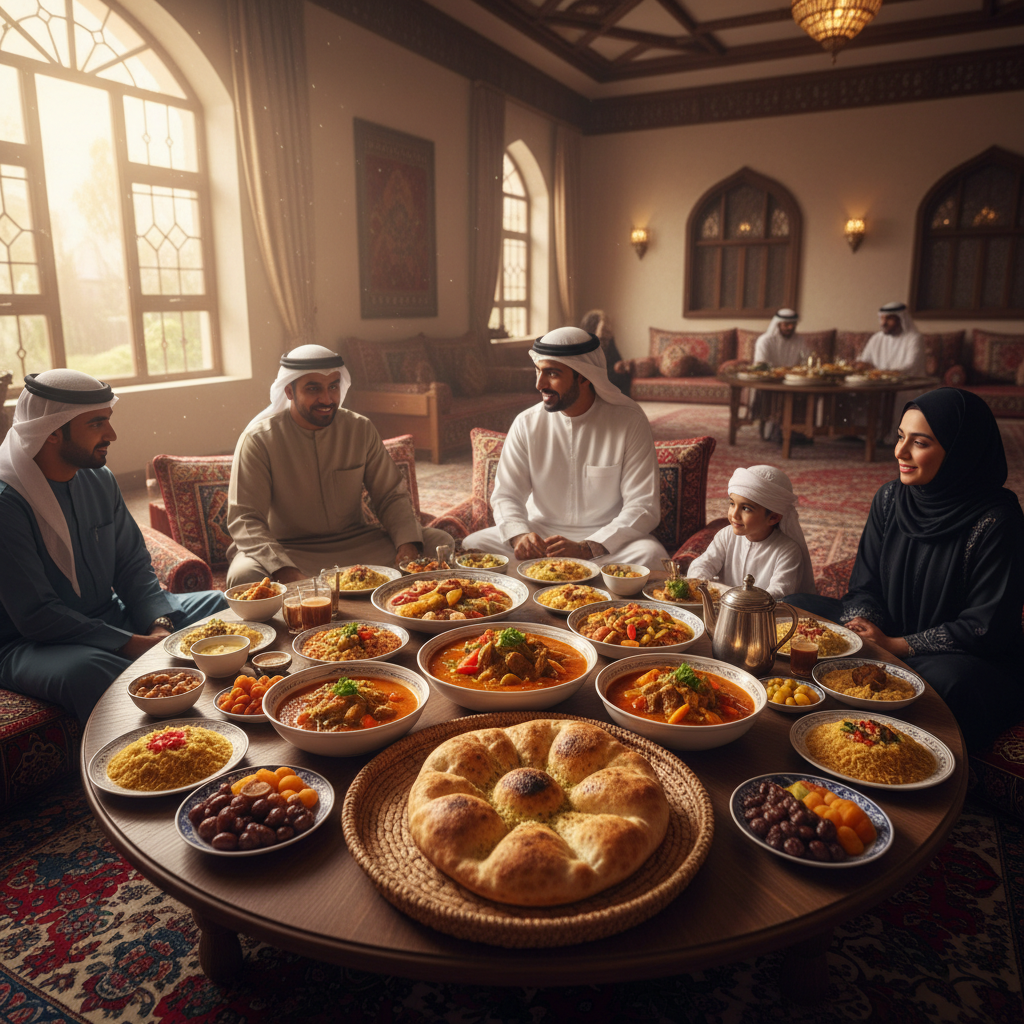 Intimate family gathering with traditional Qatari home-cooked dishes spread on a low table, khubz bread and salona visible