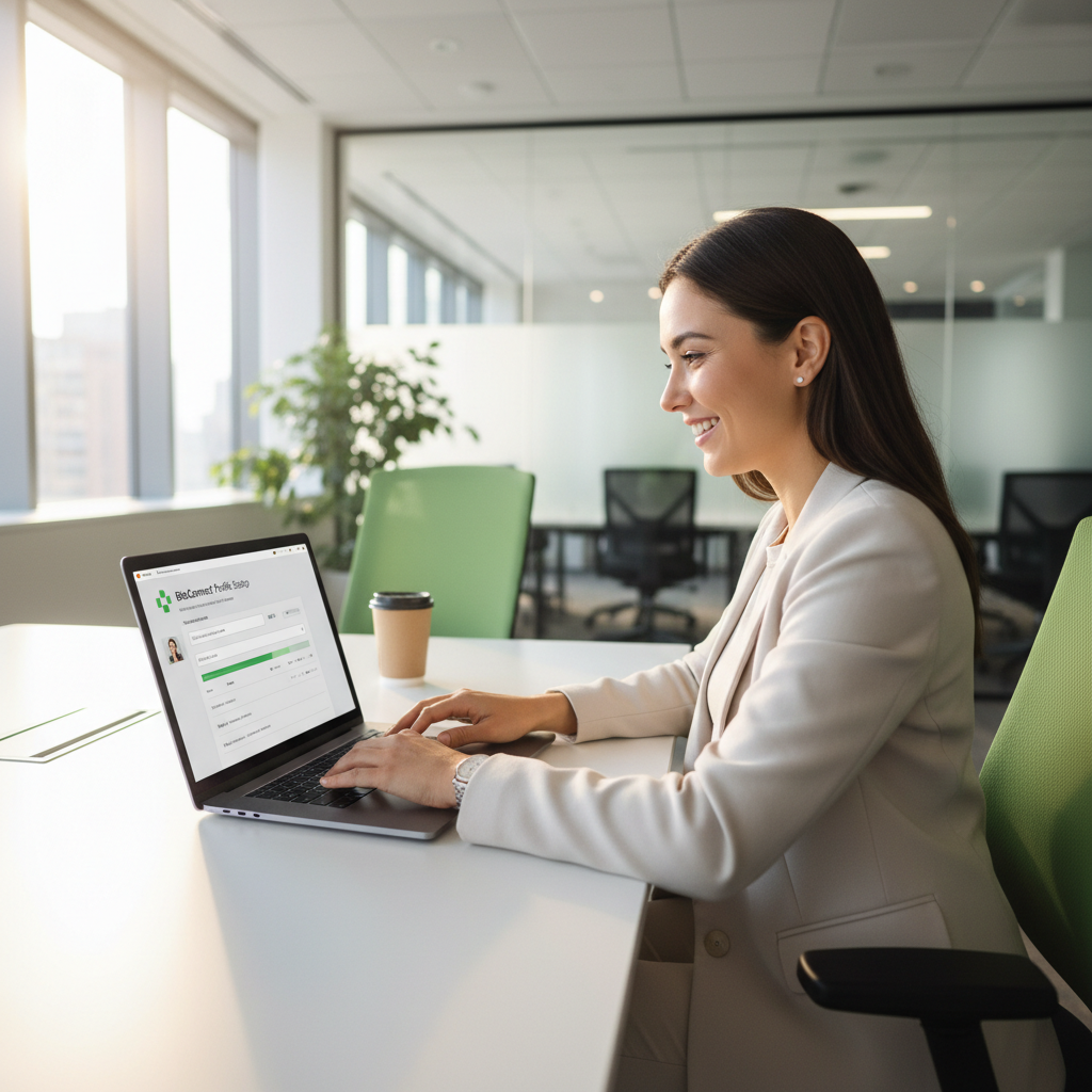 Personne souriante configurant rapidement son profil BioConnect sur un ordinateur portable dans un bureau lumineux