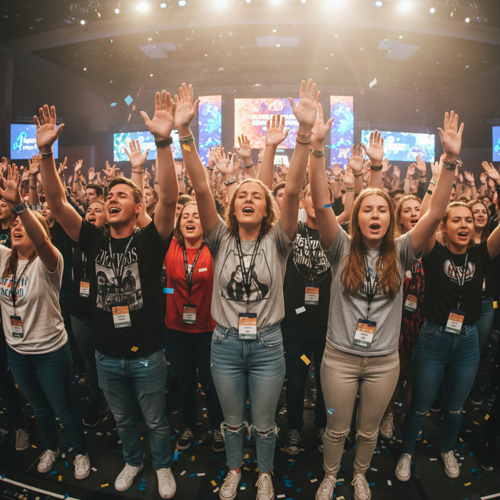Teenagers in energetic youth group gathering with raised hands in worship
