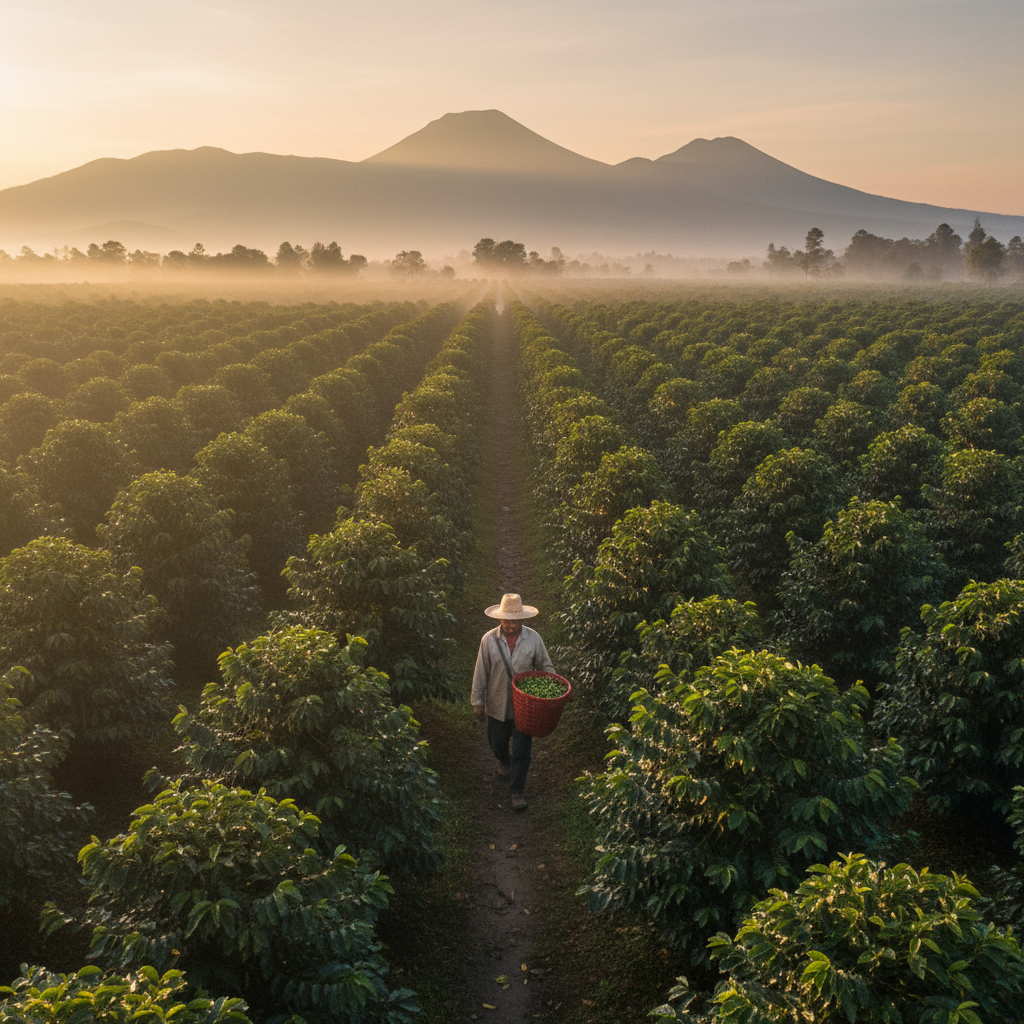 Costa Rica coffee farm at golden hour with misty mountains in background