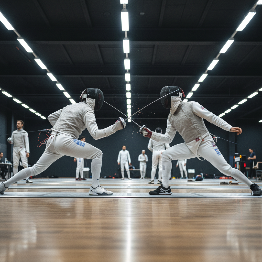 Fencers in épée bout under bright salle lights