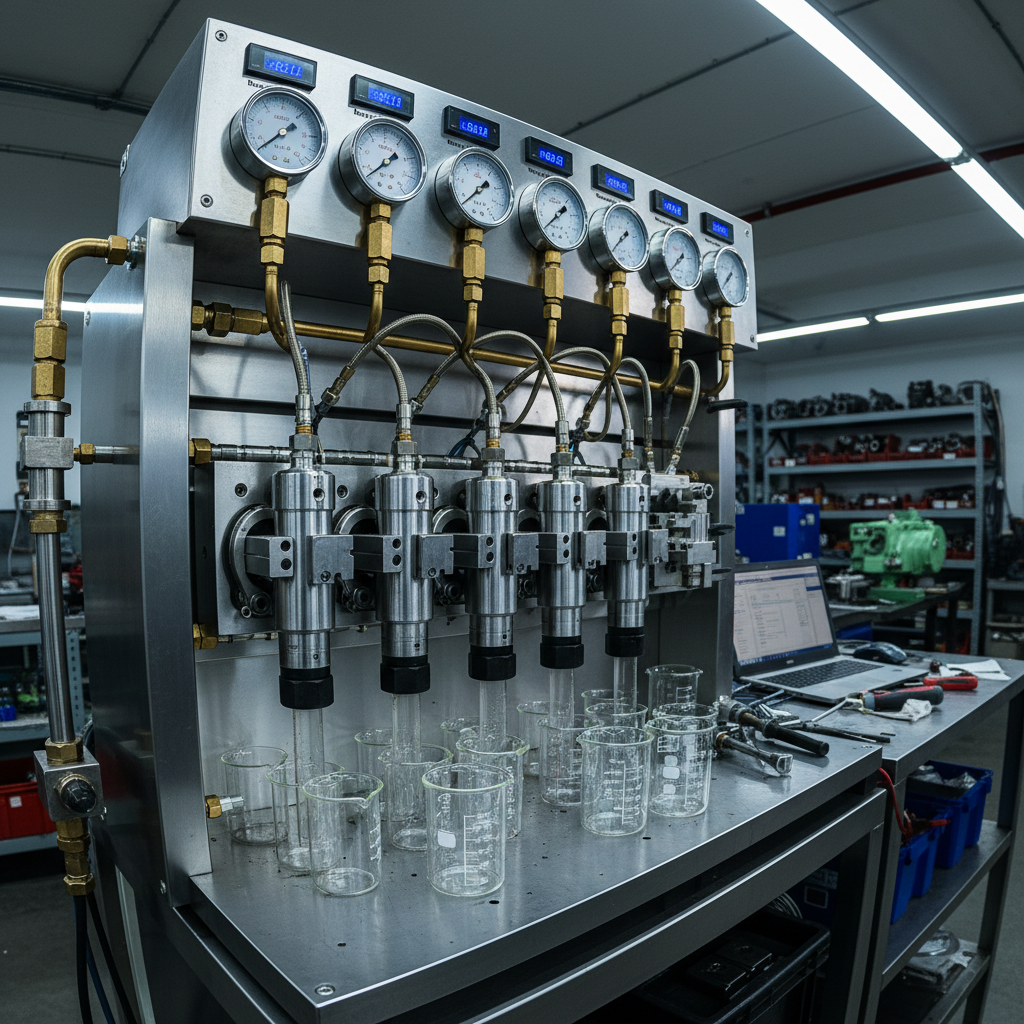 Small diesel car engine injector components on dark workshop surface, precision parts dim atmospheric lighting