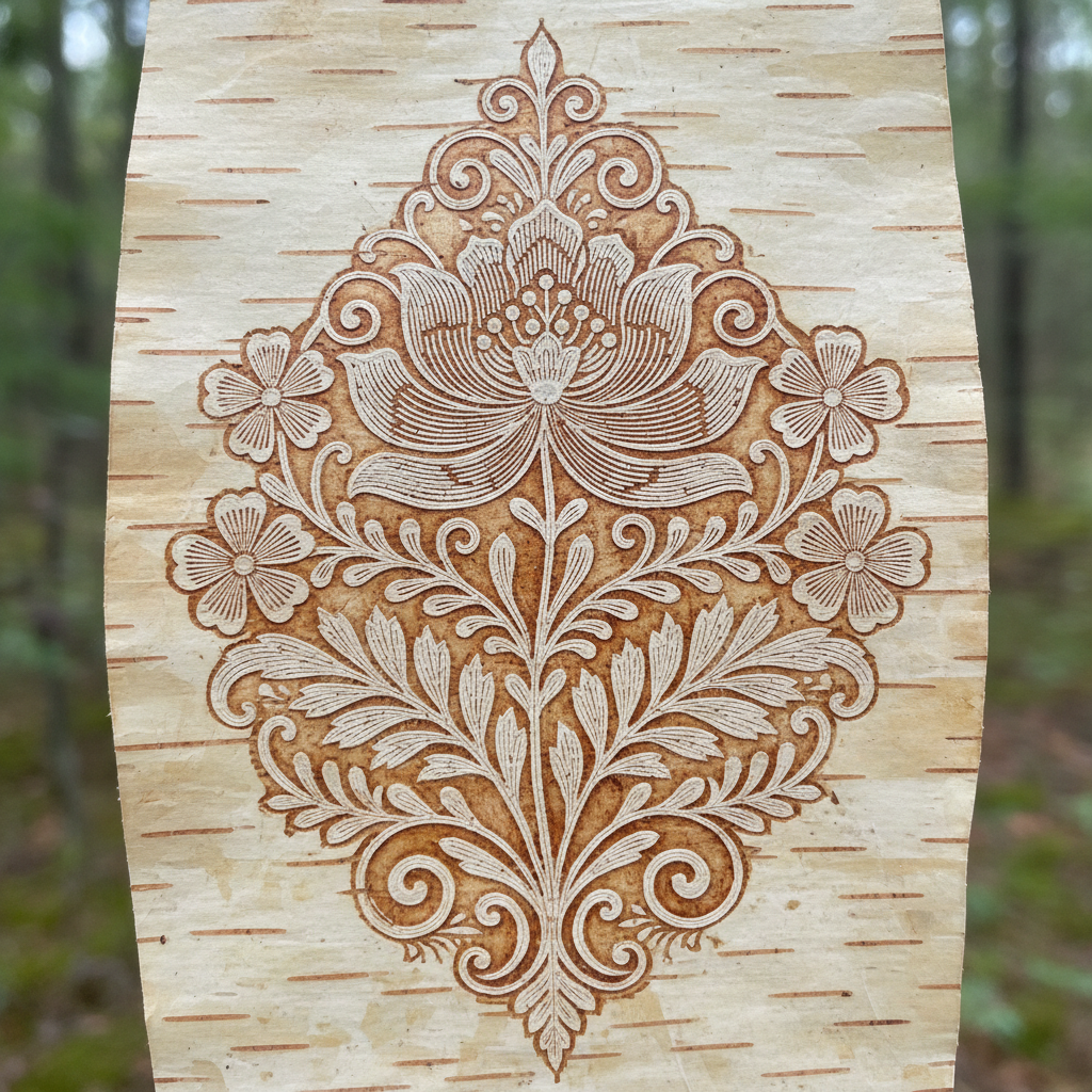Intricate birch bark biting pattern showing symmetrical floral design in white and cream tones