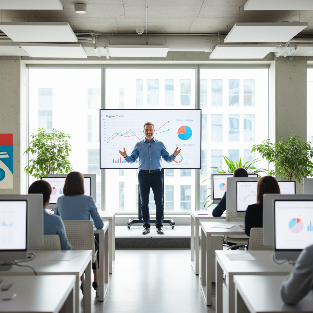 Training session with professionals learning in a modern classroom with projector and whiteboards