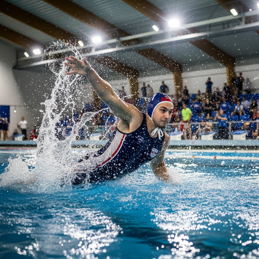Water polo goalkeeper lunging with arm extended, water exploding off elbow, overhead facility lights flaring into the lens