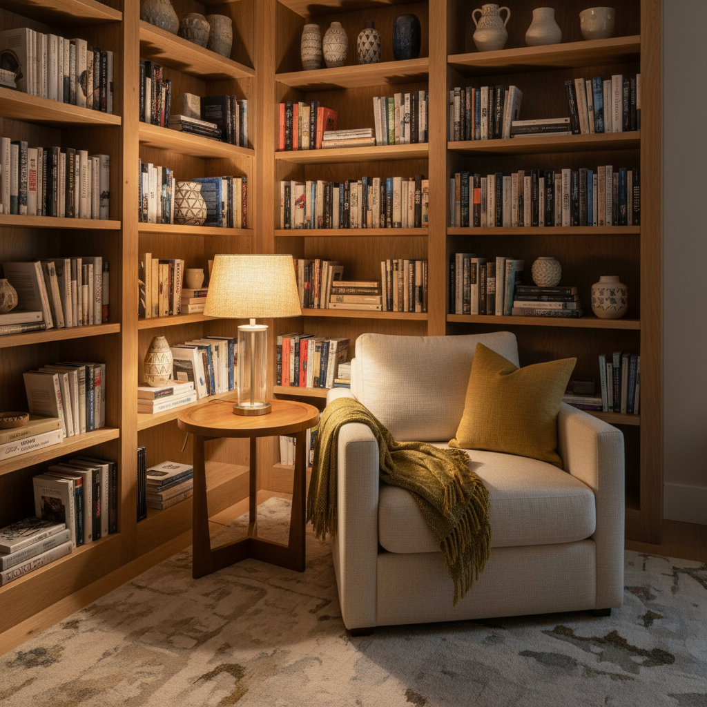 Curated living room corner with ceramic vases, linen throw, warm ambient lamp, earthy terracotta and cream palette
