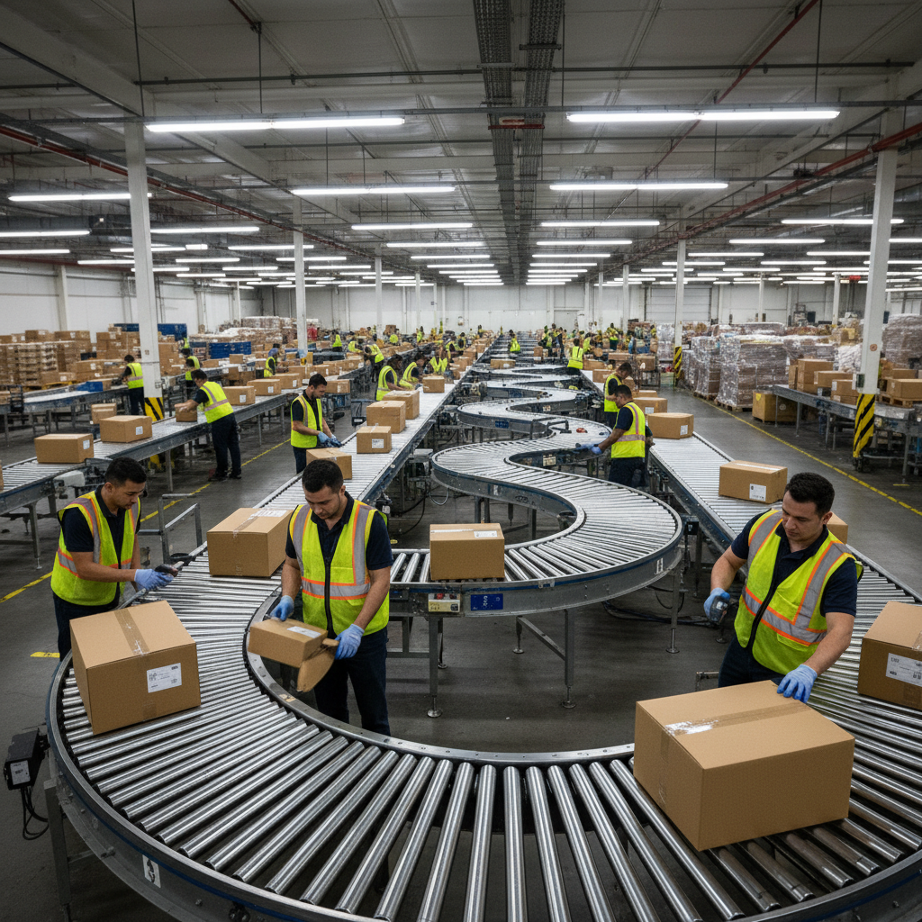 Boxes on shipping conveyor in distribution center