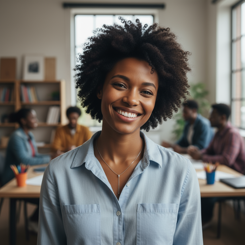 Community-Mitglied — Frau mit Brille lächelt