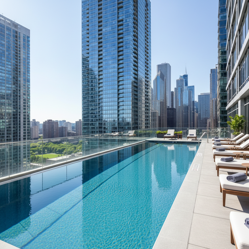 Modern rooftop pool with city views perfect for Airbnb rental property in Chicago Lincoln Park