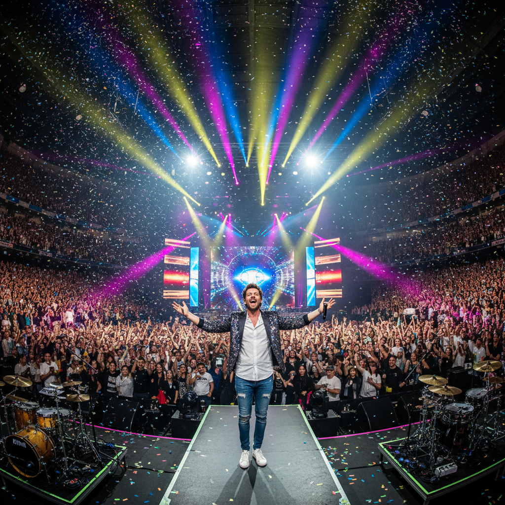 Sold-out crowd from artist perspective on stage, lights flooding the venue