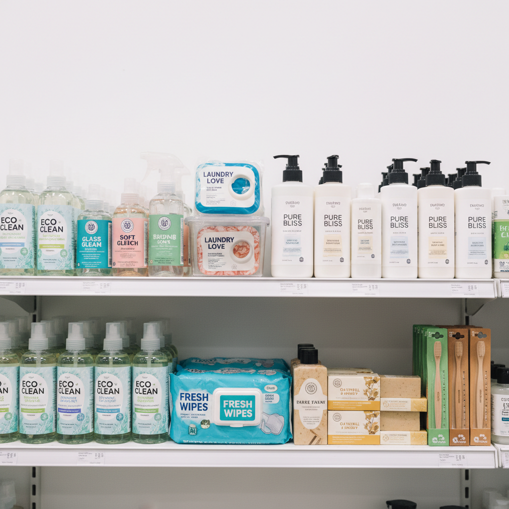 Neatly organised household cleaning products and FMCG items on a bright white shelf in a well-lit clean store