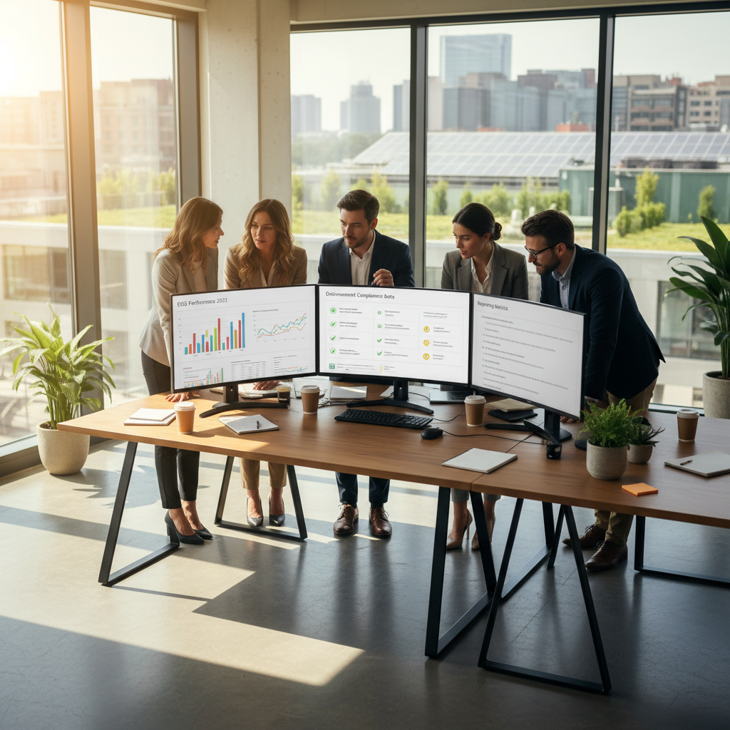 Corporate communications and internal audit team reviewing ESG disclosure frameworks and governance controls in a modern office