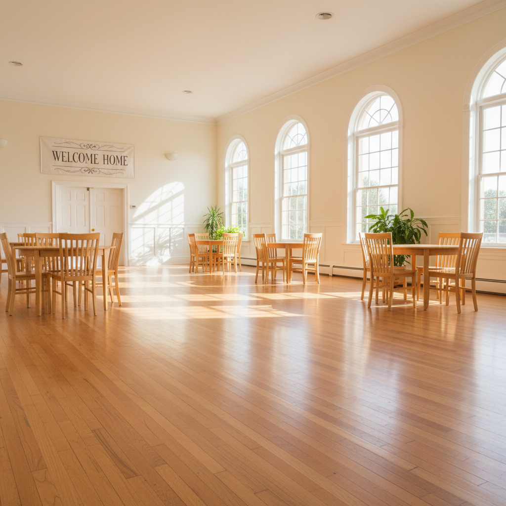 Bright fellowship hall with freshly painted cream walls and warm wood floor in a Tennessee church