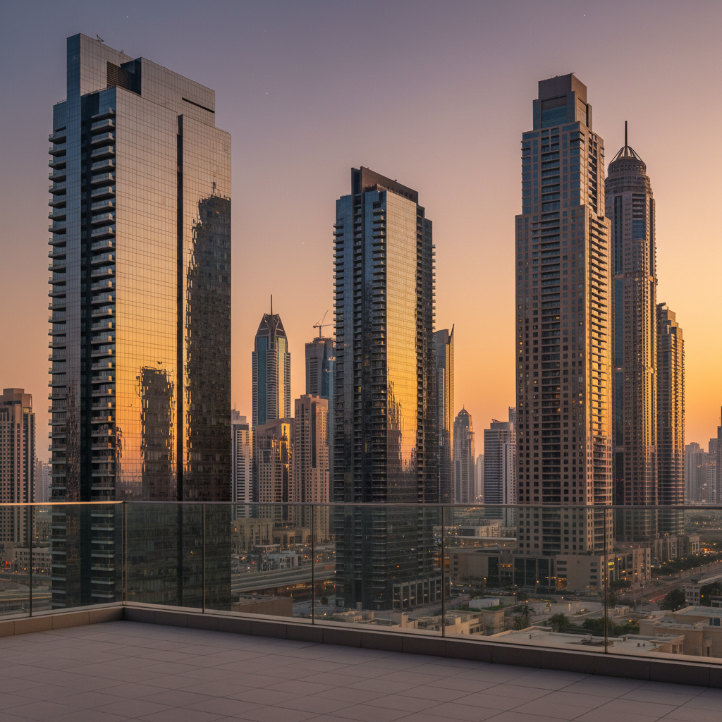 Dubai skyline at golden hour with warm amber light casting long shadows across modern glass towers