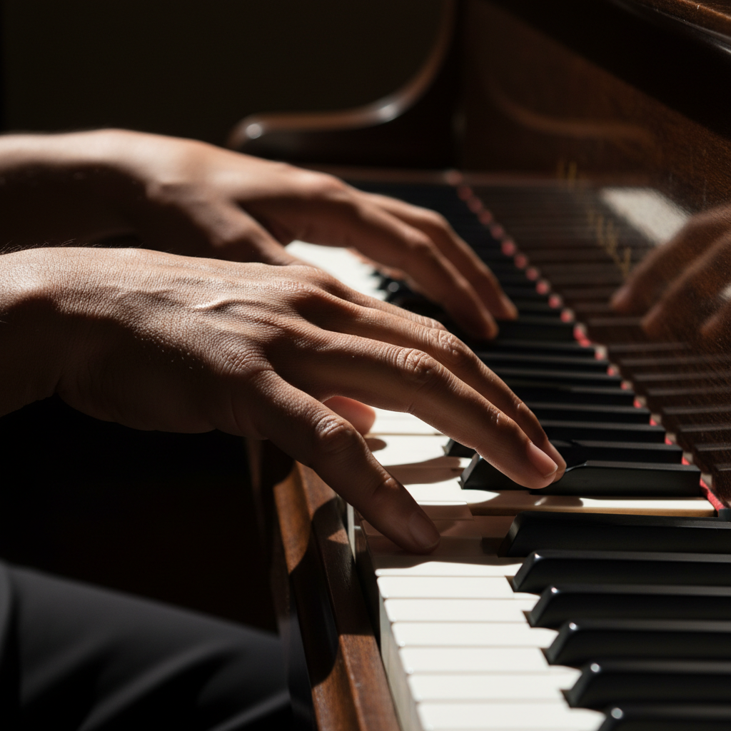 Jazz musician hands resting on piano keys, dramatic side lighting with deep shadows and warm skin tones
