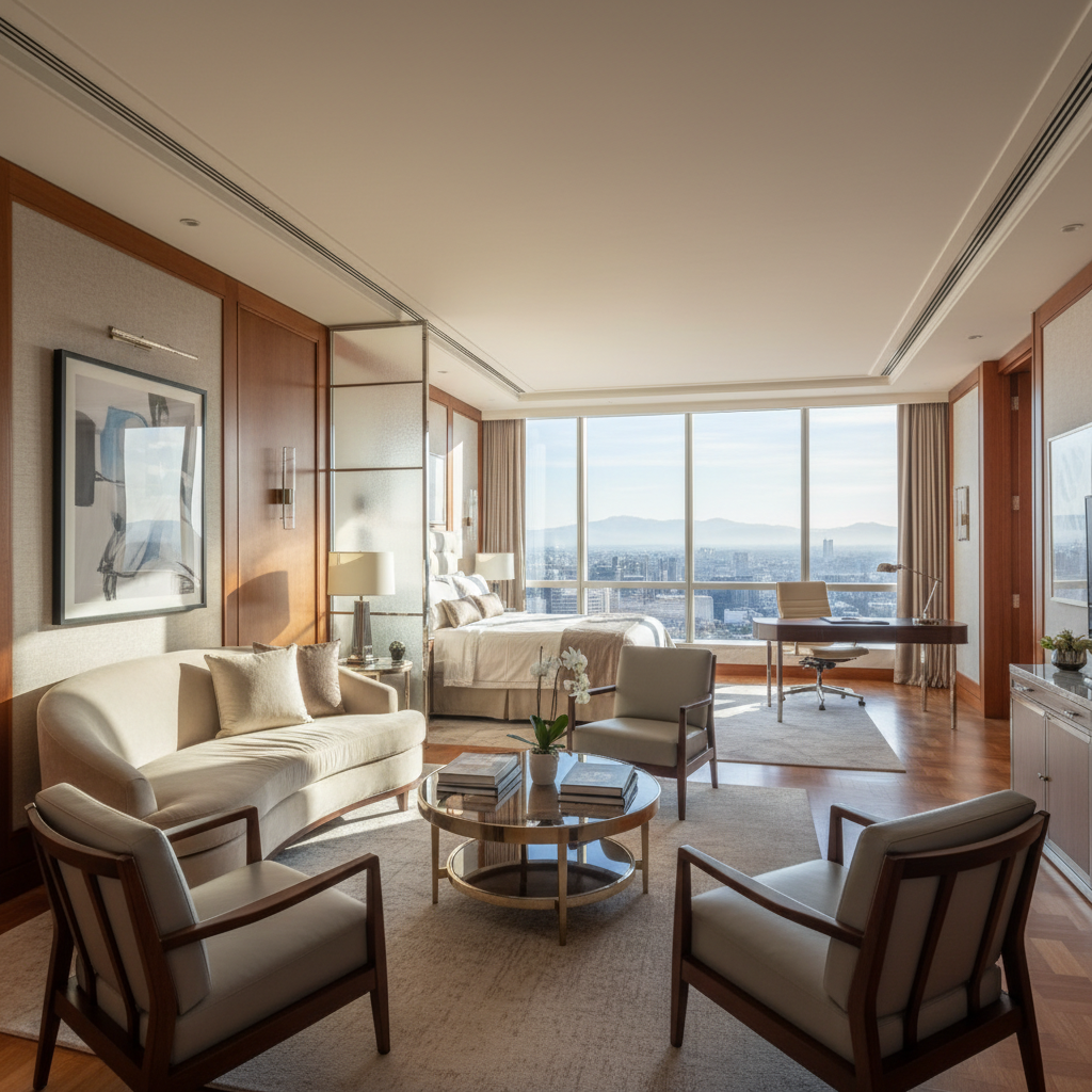 Panoramic city view from executive suite living room