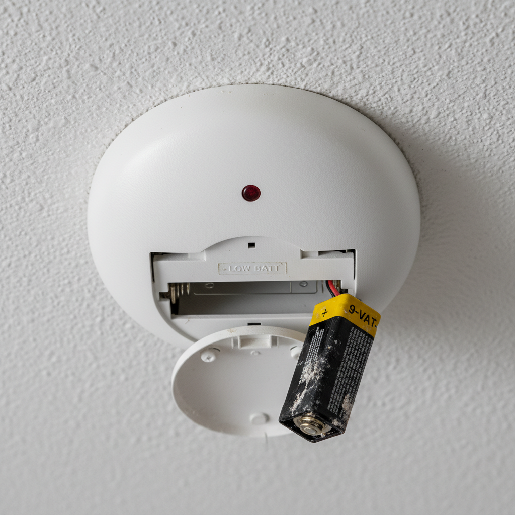 Smoke detector mounted on white ceiling with battery compartment open showing depleted battery