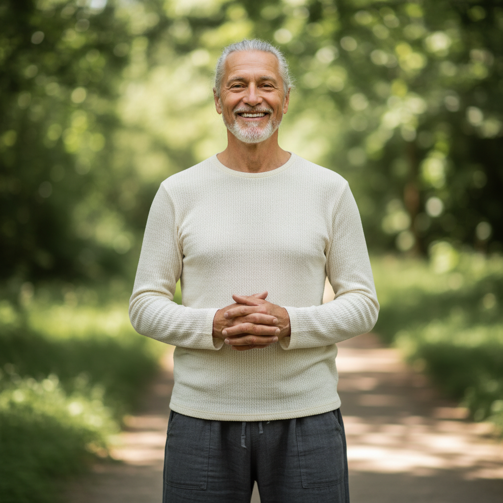 Smiling older man with grey hair standing outdoors in natural light